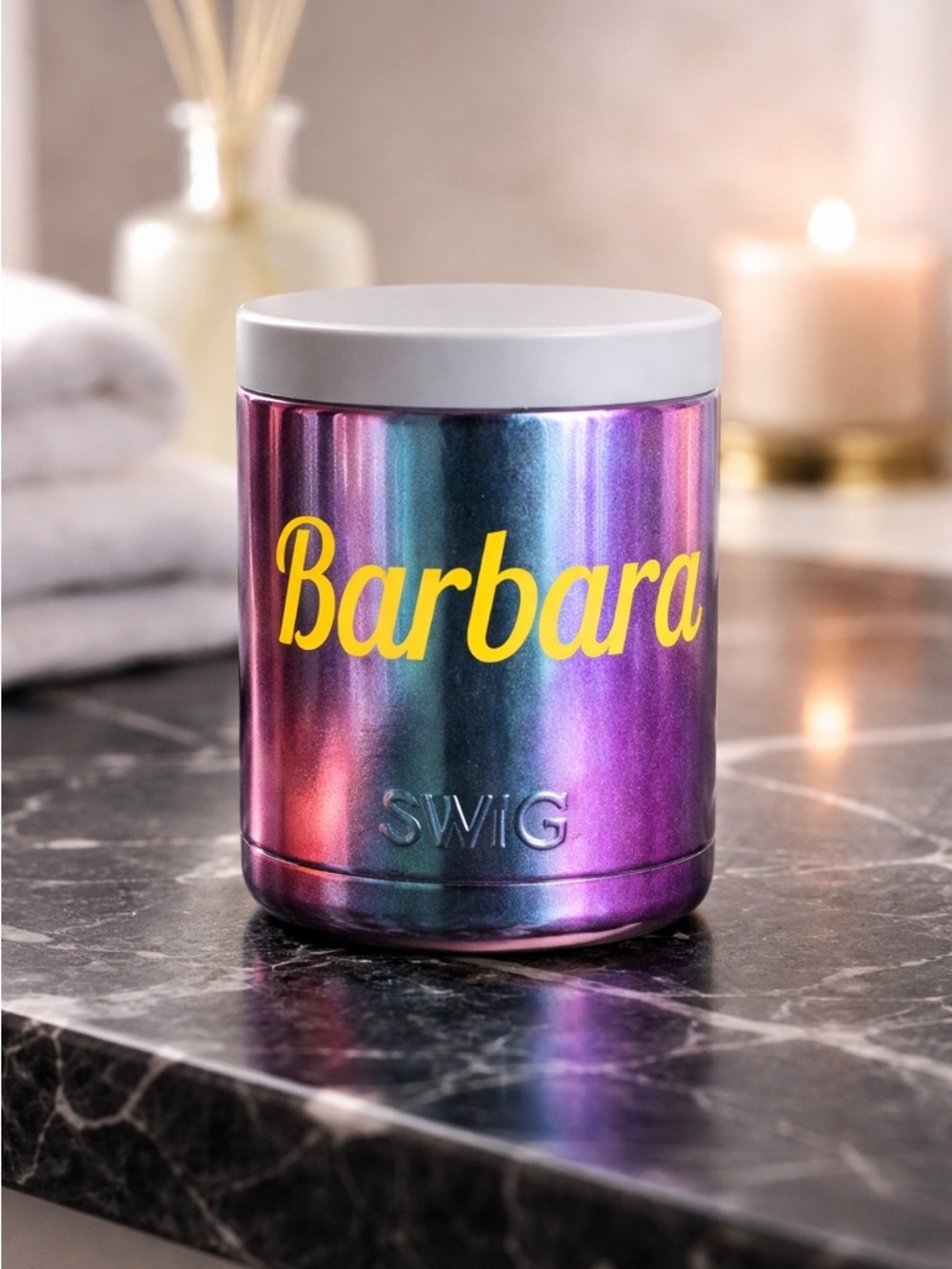 EUC SWIG Can Cooler -Iridescent Purple Personalized “Barbara” Keep Drinks Cold